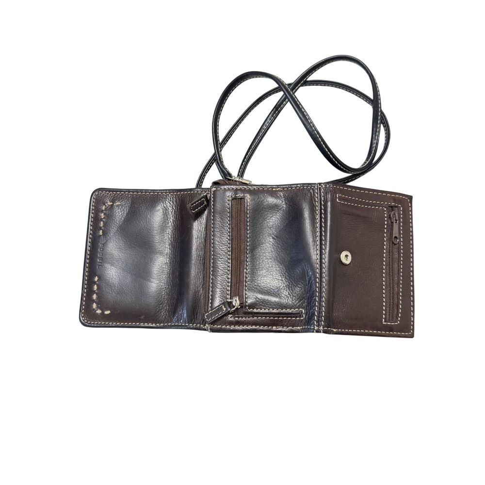 Fossil Wallet Crossbody Bag Womens Small Dark Brown Leather Good Whipstitch - Picture 3 of 11